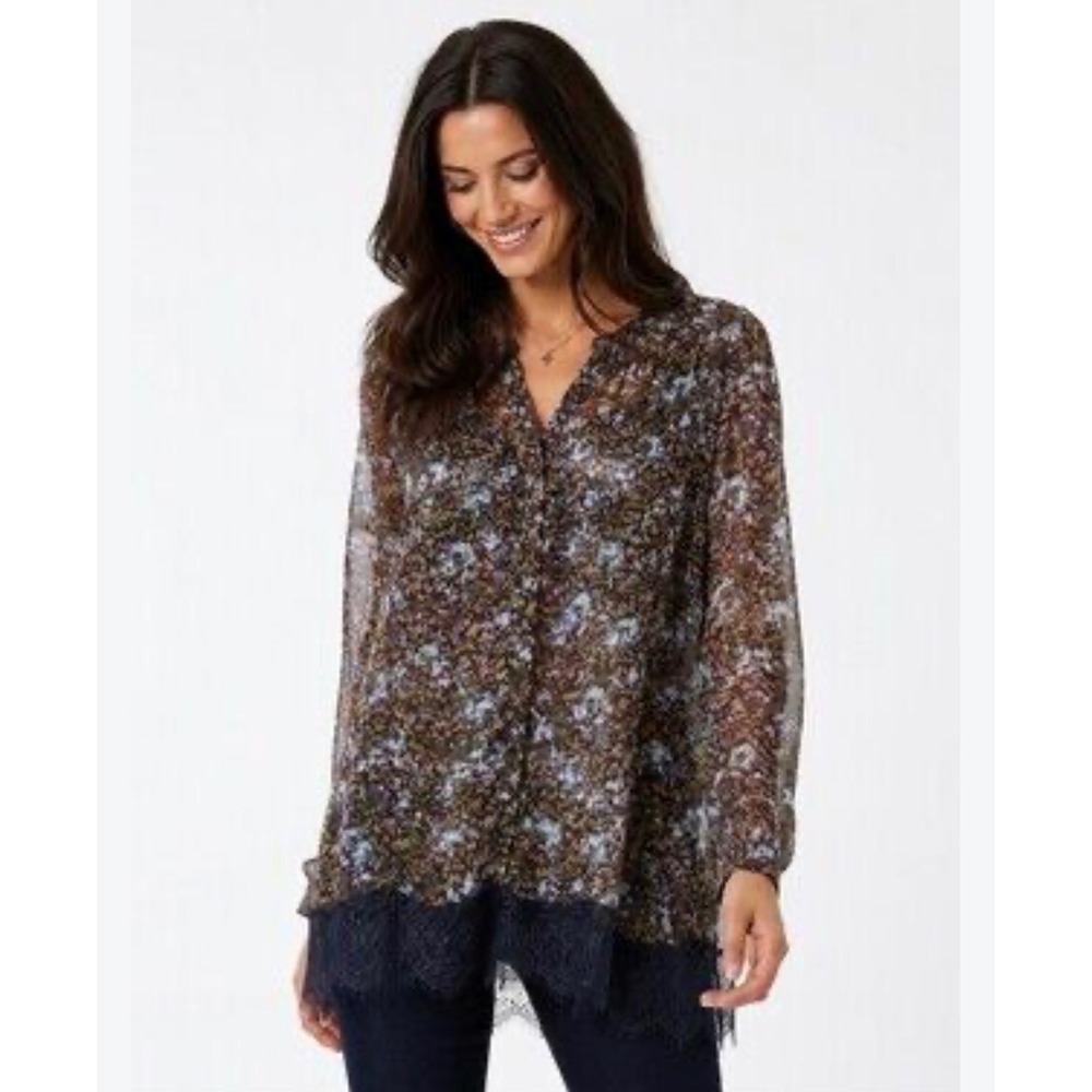 Soft Surroundings Women's L Cupro Floral Lace Trim Sheer Button Front Blouse